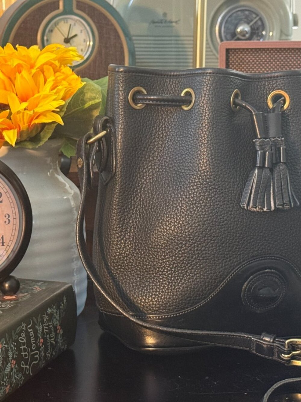 Vintage Dooney & Bourke Black Pebbled Leather Drawstring Bucket Bag